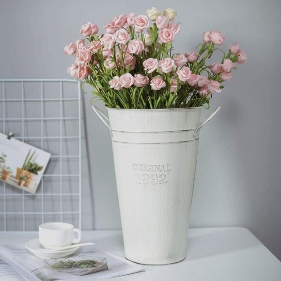 Metal Galvanized Flower Vase - Set of 2 - Farmhouse French Bucket - Table Center